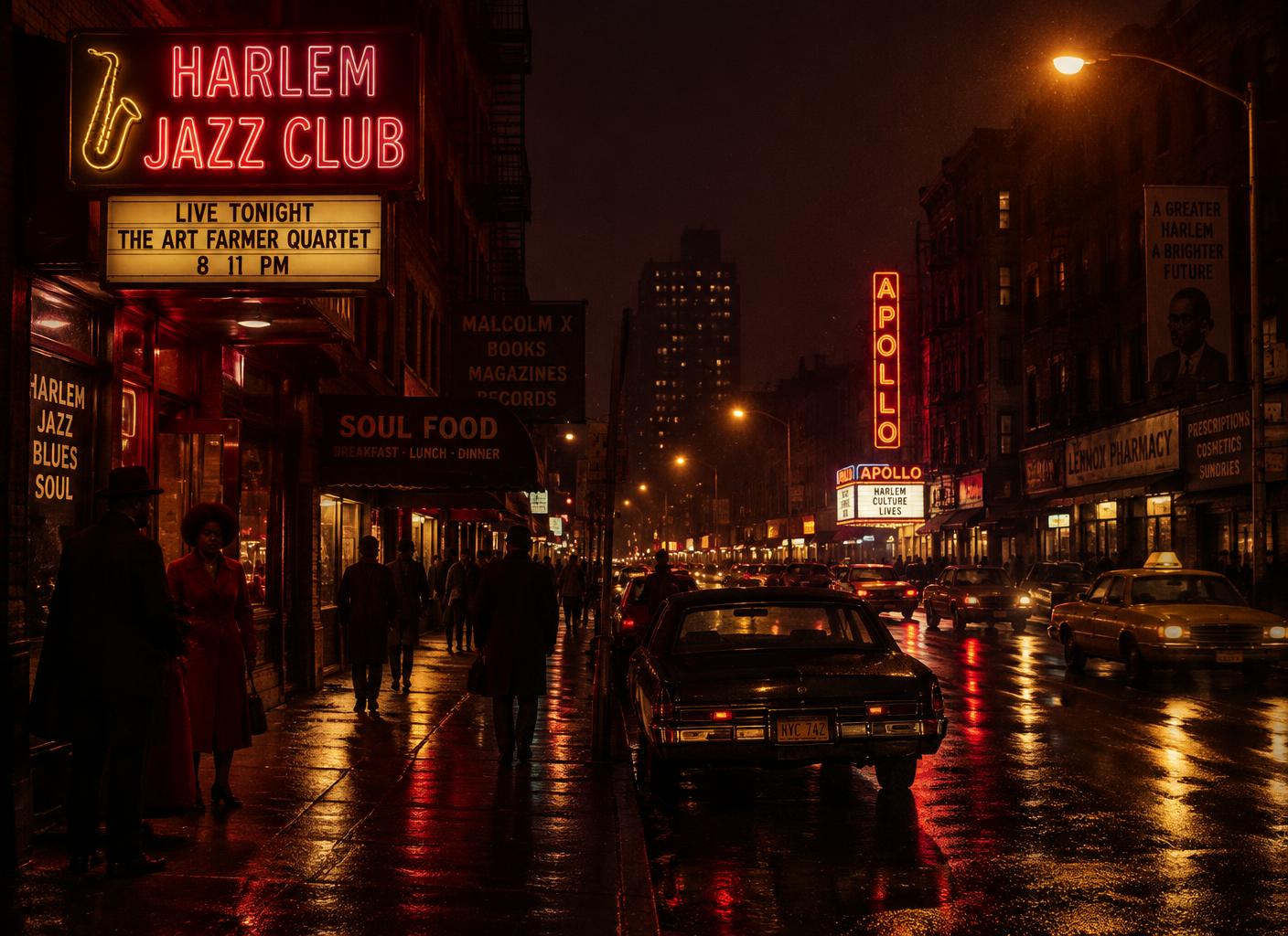 Harlem street at night with the Apollo marquee glowing
